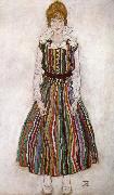 Egon Schiele, Portrait of Edith Schiele in a Striped Dress